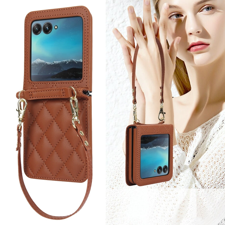 For Motorola Razr 40 Ultra Rhombic Texture Phone Case with Long & Short Lanyard(Brown) by buy2fix