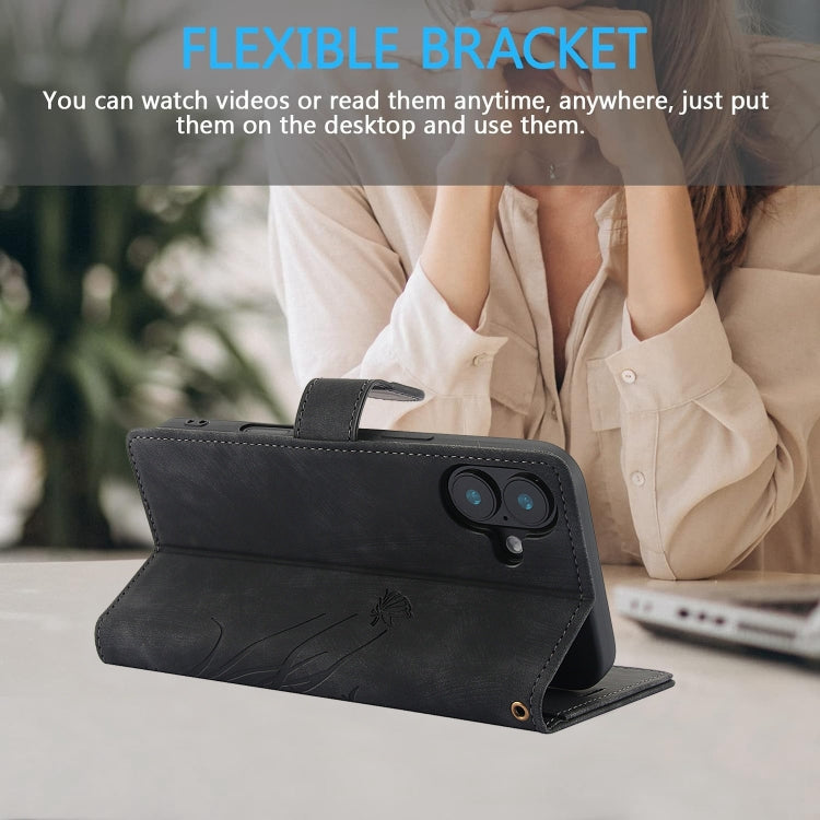 For iPhone 16 Plus Orchid Butterfly Embossed Leather Phone Case(Black) by buy2fix