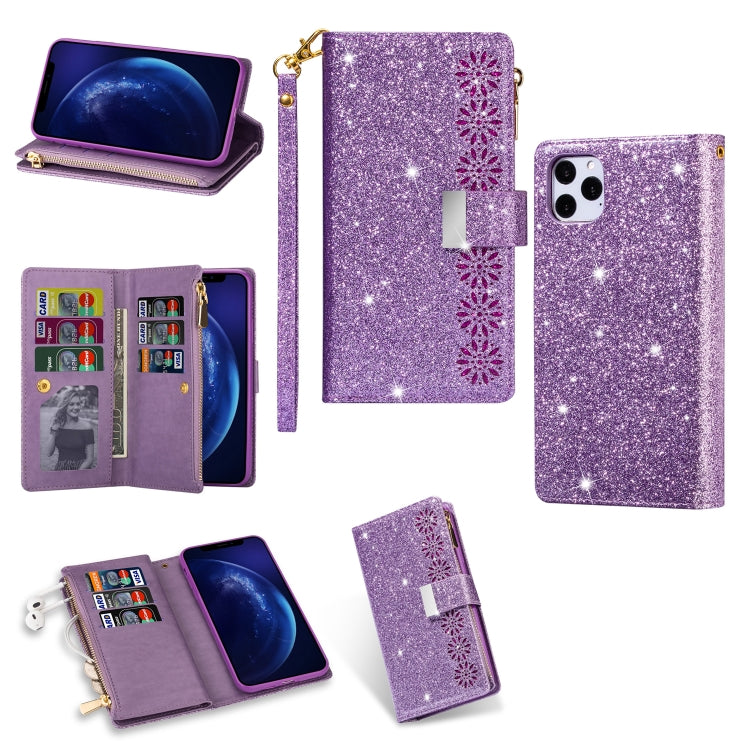 For iPhone 11 Pro Max Multi-card Slots Starry Sky Laser Carving Glitter Zipper Horizontal Flip Leather Case with Holder & Wallet & Lanyard(Purple) - iPhone 11 Pro Max Cases by buy2fix | Online Shopping UK | buy2fix