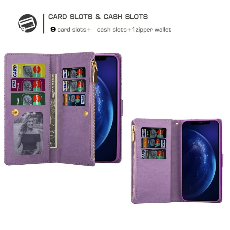 For iPhone 11 Pro Max Multi-card Slots Starry Sky Laser Carving Glitter Zipper Horizontal Flip Leather Case with Holder & Wallet & Lanyard(Purple) - iPhone 11 Pro Max Cases by buy2fix | Online Shopping UK | buy2fix