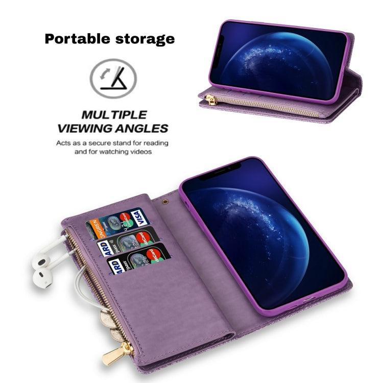 For iPhone 11 Pro Max Multi-card Slots Starry Sky Laser Carving Glitter Zipper Horizontal Flip Leather Case with Holder & Wallet & Lanyard(Purple) - iPhone 11 Pro Max Cases by buy2fix | Online Shopping UK | buy2fix