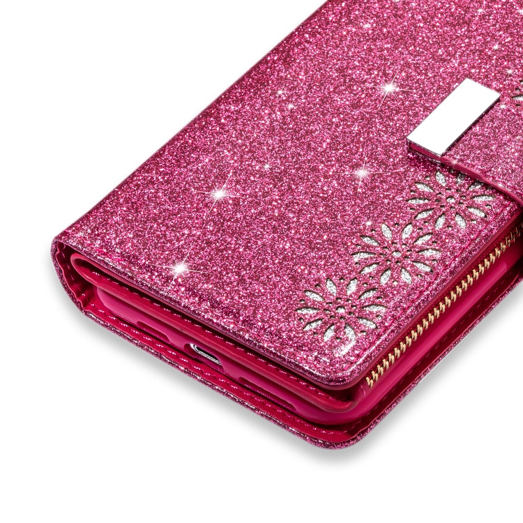 For iPhone 11 Pro Max Multi-card Slots Starry Sky Laser Carving Glitter Zipper Horizontal Flip Leather Case with Holder & Wallet & Lanyard(Rose Red) - iPhone 11 Pro Max Cases by buy2fix | Online Shopping UK | buy2fix