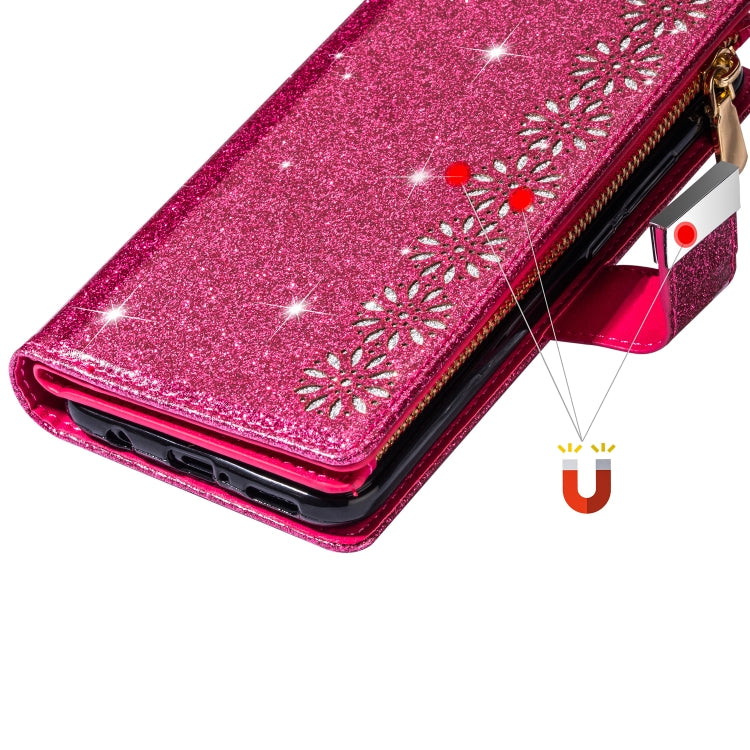 For iPhone 11 Pro Max Multi-card Slots Starry Sky Laser Carving Glitter Zipper Horizontal Flip Leather Case with Holder & Wallet & Lanyard(Rose Red) - iPhone 11 Pro Max Cases by buy2fix | Online Shopping UK | buy2fix
