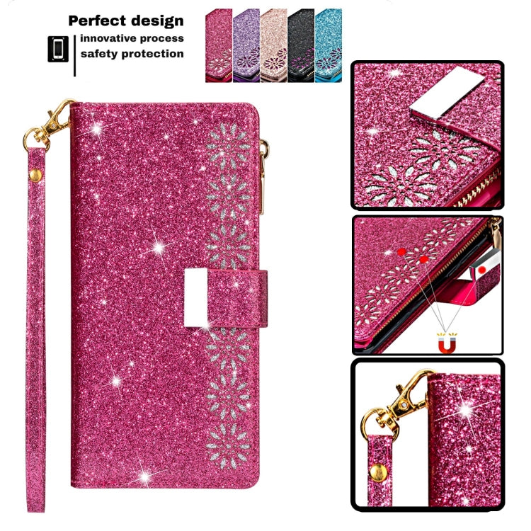 For iPhone 11 Pro Max Multi-card Slots Starry Sky Laser Carving Glitter Zipper Horizontal Flip Leather Case with Holder & Wallet & Lanyard(Rose Red) - iPhone 11 Pro Max Cases by buy2fix | Online Shopping UK | buy2fix