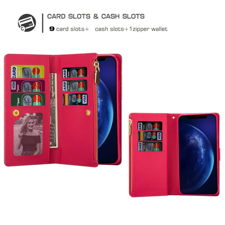 For iPhone 11 Pro Max Multi-card Slots Starry Sky Laser Carving Glitter Zipper Horizontal Flip Leather Case with Holder & Wallet & Lanyard(Rose Red) - iPhone 11 Pro Max Cases by buy2fix | Online Shopping UK | buy2fix