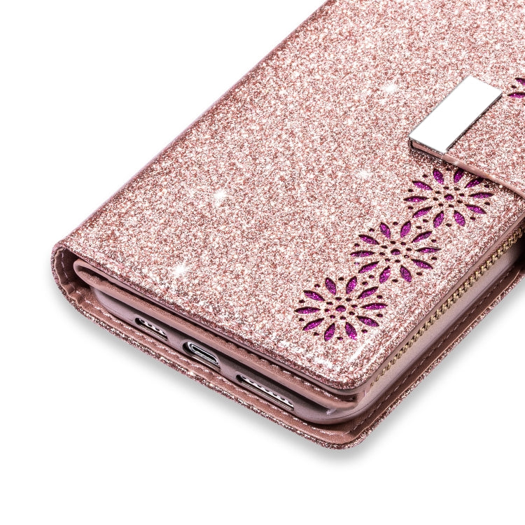 For iPhone 11 Pro Multi-card Slots Starry Sky Laser Carving Glitter Zipper Horizontal Flip Leather Case with Holder & Wallet & Lanyard(Rose Gold) - iPhone 11 Pro Cases by buy2fix | Online Shopping UK | buy2fix