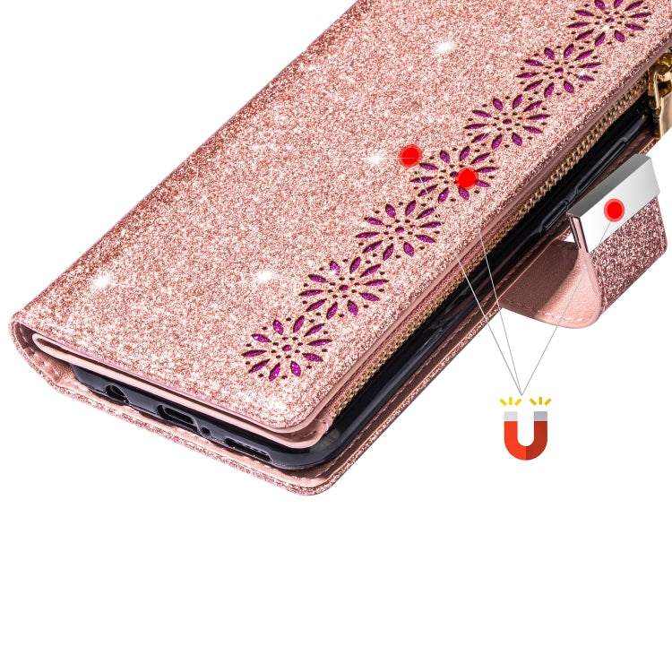 For iPhone 11 Pro Multi-card Slots Starry Sky Laser Carving Glitter Zipper Horizontal Flip Leather Case with Holder & Wallet & Lanyard(Rose Gold) - iPhone 11 Pro Cases by buy2fix | Online Shopping UK | buy2fix
