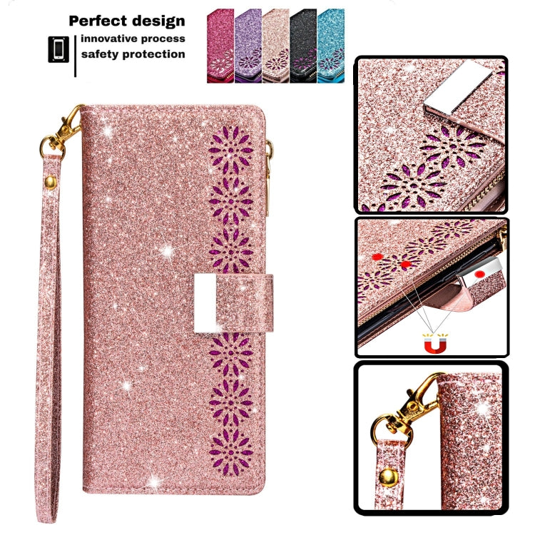For iPhone 11 Pro Multi-card Slots Starry Sky Laser Carving Glitter Zipper Horizontal Flip Leather Case with Holder & Wallet & Lanyard(Rose Gold) - iPhone 11 Pro Cases by buy2fix | Online Shopping UK | buy2fix