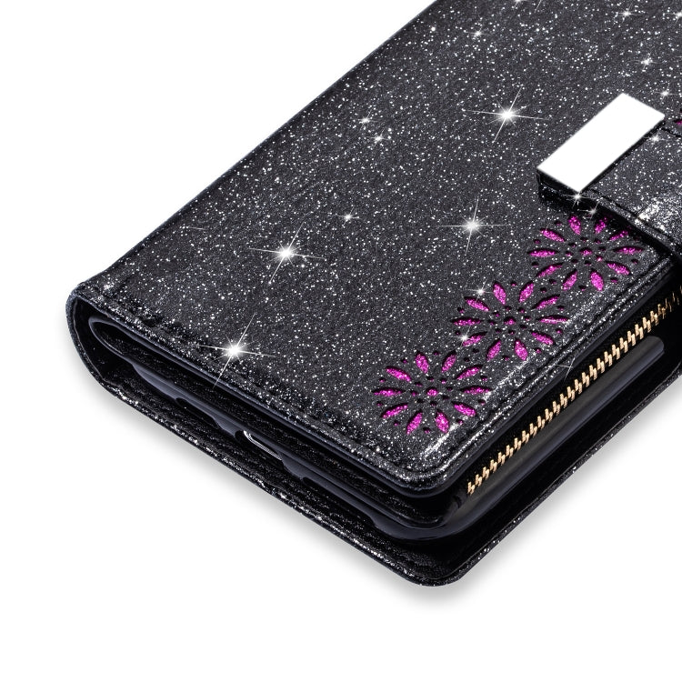 For iPhone 11 Pro Multi-card Slots Starry Sky Laser Carving Glitter Zipper Horizontal Flip Leather Case with Holder & Wallet & Lanyard(Black) - iPhone 11 Pro Cases by buy2fix | Online Shopping UK | buy2fix