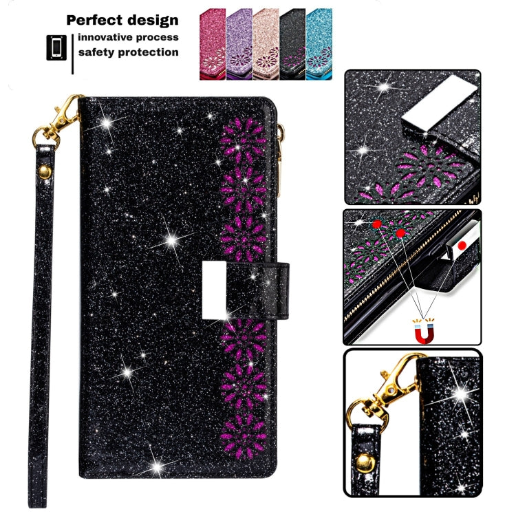 For iPhone 11 Pro Multi-card Slots Starry Sky Laser Carving Glitter Zipper Horizontal Flip Leather Case with Holder & Wallet & Lanyard(Black) - iPhone 11 Pro Cases by buy2fix | Online Shopping UK | buy2fix