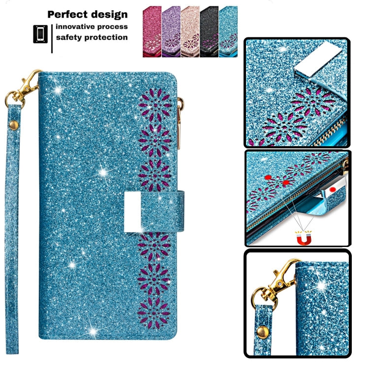 For iPhone 11 Multi-card Slots Starry Sky Laser Carving Glitter Zipper Horizontal Flip Leather Case with Holder & Wallet & Lanyard(Sky Blue) - iPhone 11 Cases by buy2fix | Online Shopping UK | buy2fix
