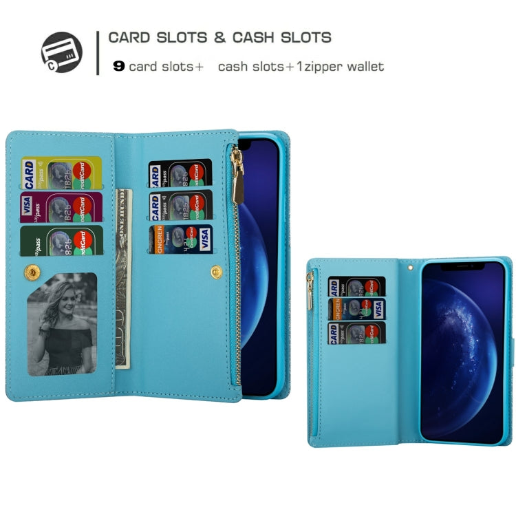 For iPhone 11 Multi-card Slots Starry Sky Laser Carving Glitter Zipper Horizontal Flip Leather Case with Holder & Wallet & Lanyard(Sky Blue) - iPhone 11 Cases by buy2fix | Online Shopping UK | buy2fix