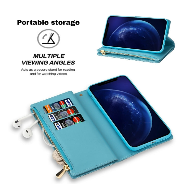 For iPhone 11 Multi-card Slots Starry Sky Laser Carving Glitter Zipper Horizontal Flip Leather Case with Holder & Wallet & Lanyard(Sky Blue) - iPhone 11 Cases by buy2fix | Online Shopping UK | buy2fix
