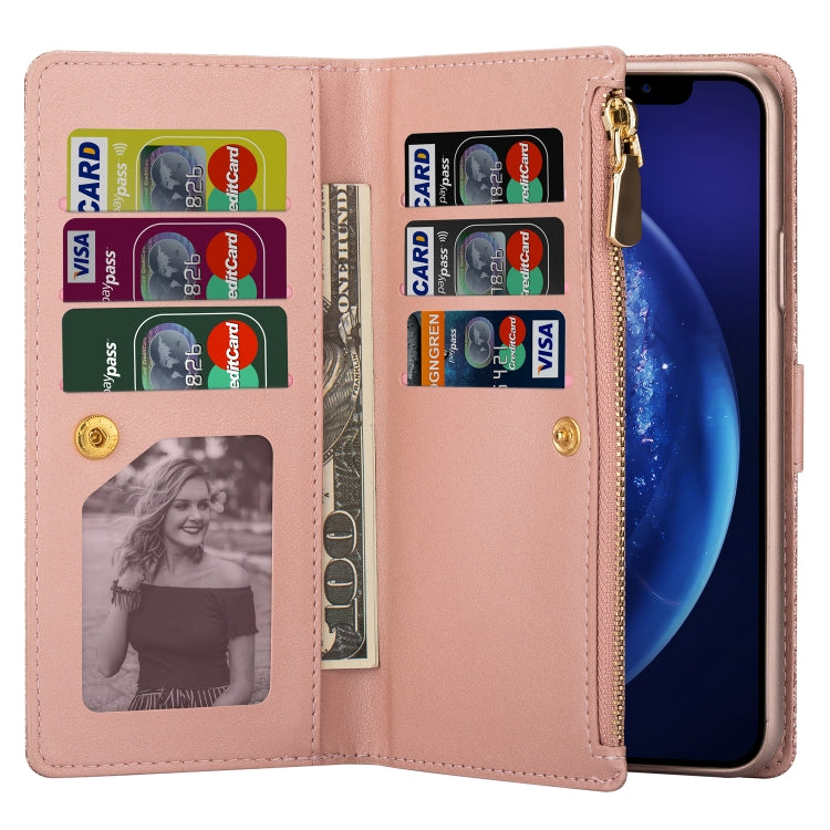 For iPhone XS Max Multi-card Slots Starry Sky Laser Carving Glitter Zipper Horizontal Flip Leather Case with Holder & Wallet & Lanyard(Rose Gold) - More iPhone Cases by buy2fix | Online Shopping UK | buy2fix