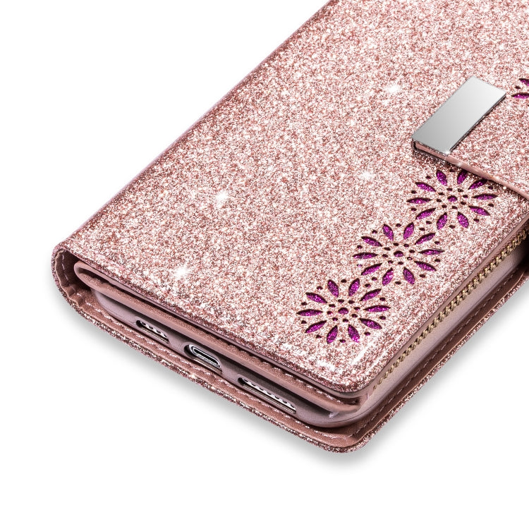For iPhone XS Max Multi-card Slots Starry Sky Laser Carving Glitter Zipper Horizontal Flip Leather Case with Holder & Wallet & Lanyard(Rose Gold) - More iPhone Cases by buy2fix | Online Shopping UK | buy2fix