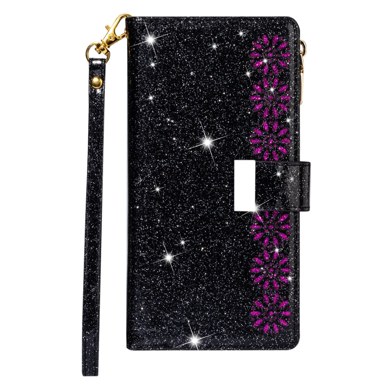 For iPhone XS Max Multi-card Slots Starry Sky Laser Carving Glitter Zipper Horizontal Flip Leather Case with Holder & Wallet & Lanyard(Black) - More iPhone Cases by buy2fix | Online Shopping UK | buy2fix