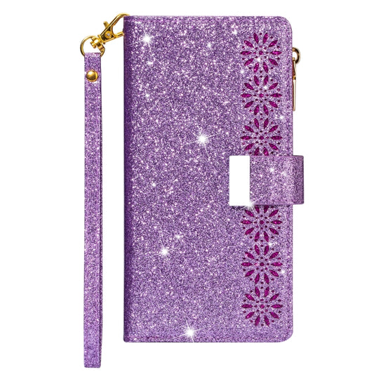 For iPhone XR Multi-card Slots Starry Sky Laser Carving Glitter Zipper Horizontal Flip Leather Case with Holder & Wallet & Lanyard(Purple) - More iPhone Cases by buy2fix | Online Shopping UK | buy2fix
