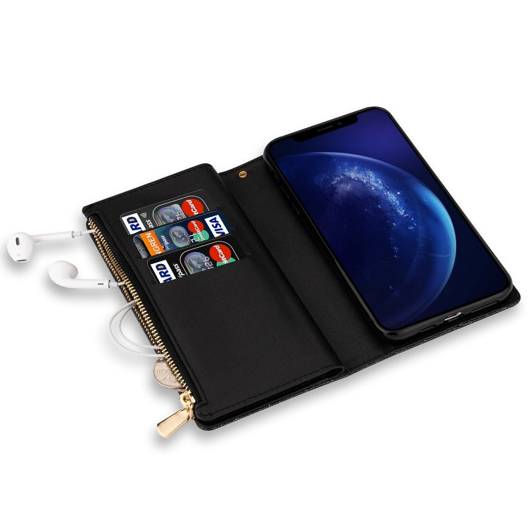 For iPhone XR Multi-card Slots Starry Sky Laser Carving Glitter Zipper Horizontal Flip Leather Case with Holder & Wallet & Lanyard(Black) - More iPhone Cases by buy2fix | Online Shopping UK | buy2fix