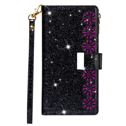 For iPhone X / XS Multi-card Slots Starry Sky Laser Carving Glitter Zipper Horizontal Flip Leather Case with Holder & Wallet & Lanyard(Black) - More iPhone Cases by buy2fix | Online Shopping UK | buy2fix