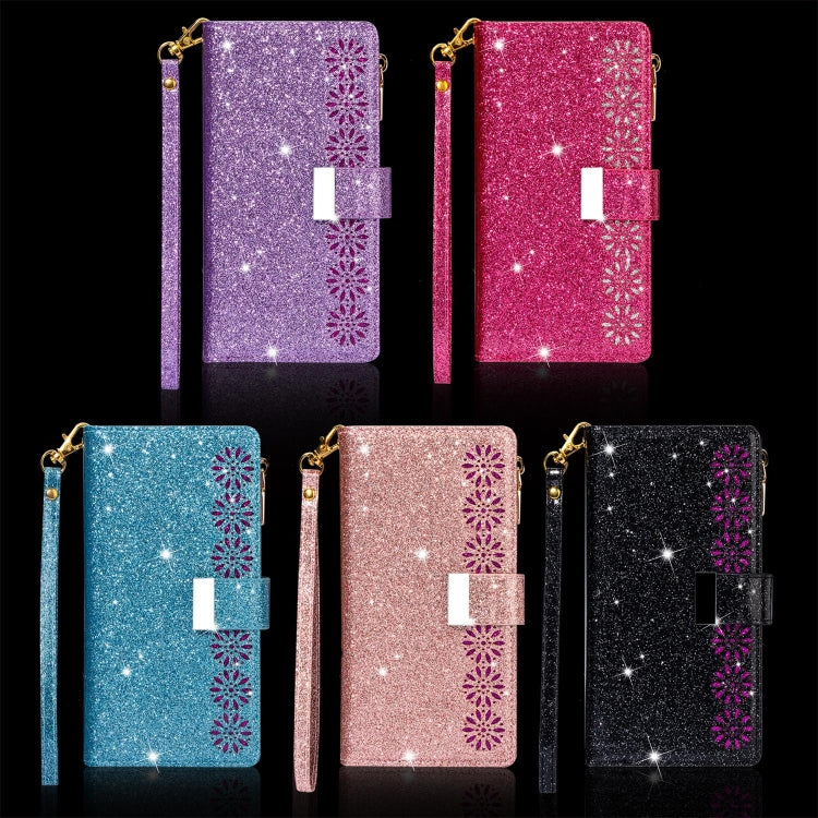 For iPhone X / XS Multi-card Slots Starry Sky Laser Carving Glitter Zipper Horizontal Flip Leather Case with Holder & Wallet & Lanyard(Black) - More iPhone Cases by buy2fix | Online Shopping UK | buy2fix