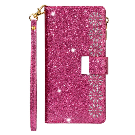 For iPhone 8 Plus / 7 Plus Multi-card Slots Starry Sky Laser Carving Glitter Zipper Horizontal Flip Leather Case with Holder & Wallet & Lanyard(Rose Red) - More iPhone Cases by buy2fix | Online Shopping UK | buy2fix