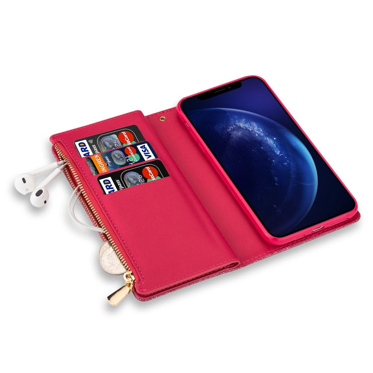 For iPhone 8 Plus / 7 Plus Multi-card Slots Starry Sky Laser Carving Glitter Zipper Horizontal Flip Leather Case with Holder & Wallet & Lanyard(Rose Red) - More iPhone Cases by buy2fix | Online Shopping UK | buy2fix