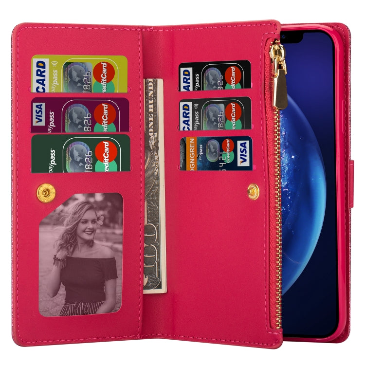 For iPhone 8 Plus / 7 Plus Multi-card Slots Starry Sky Laser Carving Glitter Zipper Horizontal Flip Leather Case with Holder & Wallet & Lanyard(Rose Red) - More iPhone Cases by buy2fix | Online Shopping UK | buy2fix