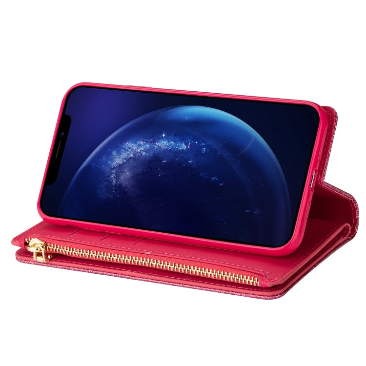 For iPhone 8 Plus / 7 Plus Multi-card Slots Starry Sky Laser Carving Glitter Zipper Horizontal Flip Leather Case with Holder & Wallet & Lanyard(Rose Red) - More iPhone Cases by buy2fix | Online Shopping UK | buy2fix