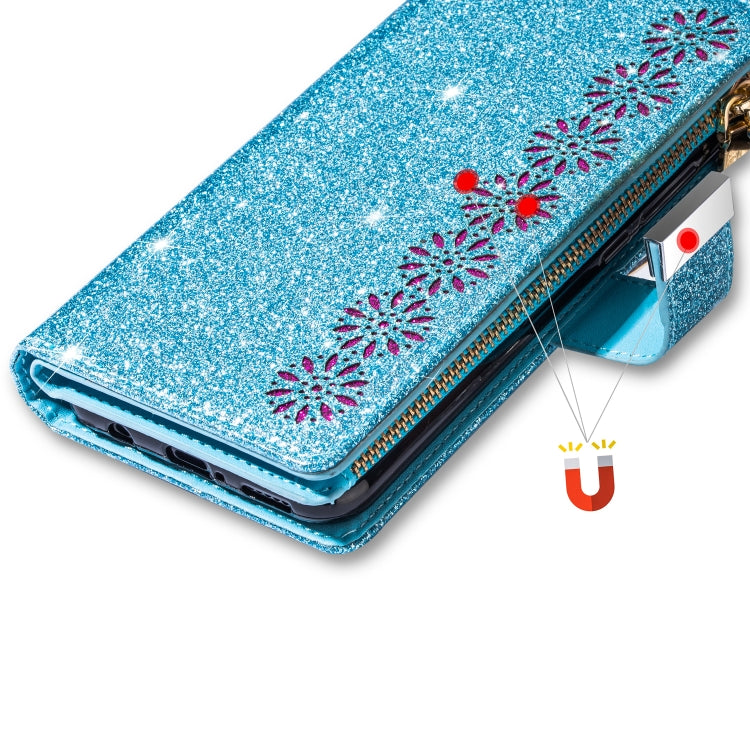 For iPhone 8 Plus / 7 Plus Multi-card Slots Starry Sky Laser Carving Glitter Zipper Horizontal Flip Leather Case with Holder & Wallet & Lanyard(Sky Blue) - More iPhone Cases by buy2fix | Online Shopping UK | buy2fix
