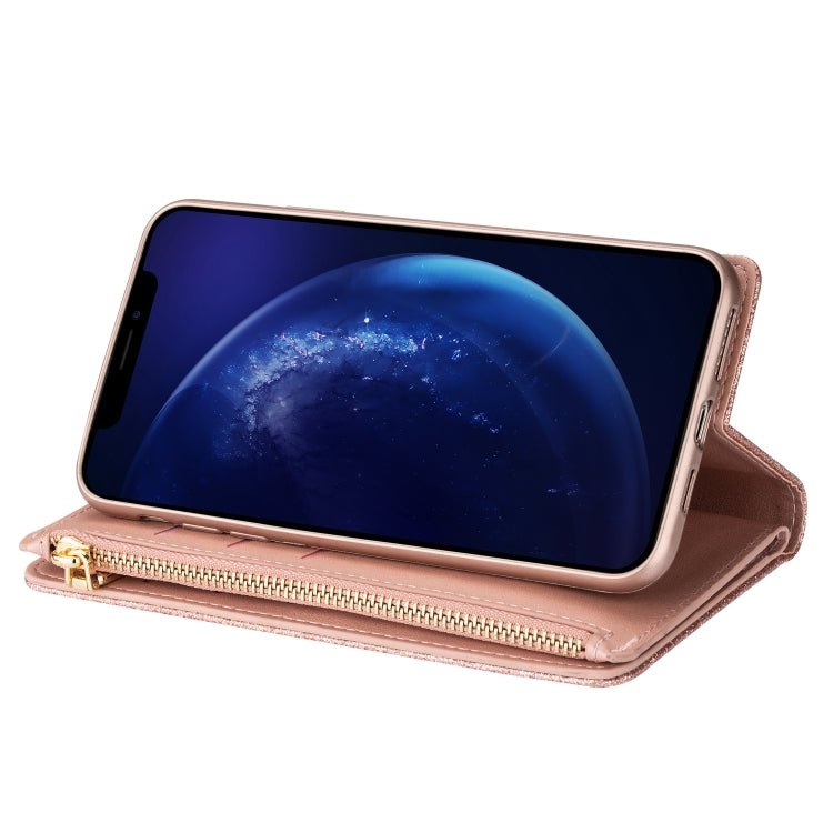 For iPhone 8 Plus / 7 Plus Multi-card Slots Starry Sky Laser Carving Glitter Zipper Horizontal Flip Leather Case with Holder & Wallet & Lanyard(Rose Gold) - More iPhone Cases by buy2fix | Online Shopping UK | buy2fix
