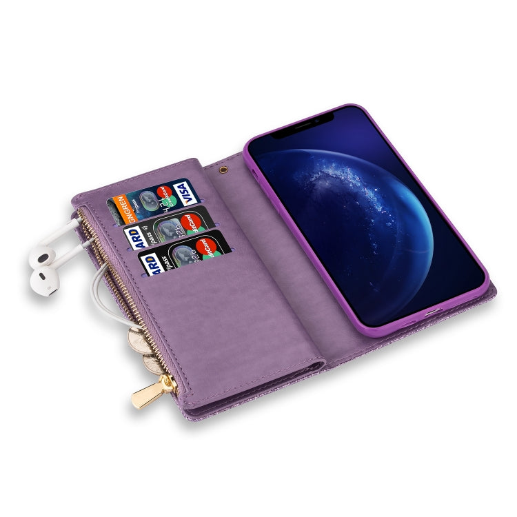 For iPhone SE 2022 / SE 2020 / 8 / 7 Multi-card Slots Starry Sky Laser Carving Glitter Zipper Horizontal Flip Leather Case with Holder & Wallet & Lanyard(Purple) - iPhone SE 2022 / 2020 / 8 / 7 Cases by buy2fix | Online Shopping UK | buy2fix