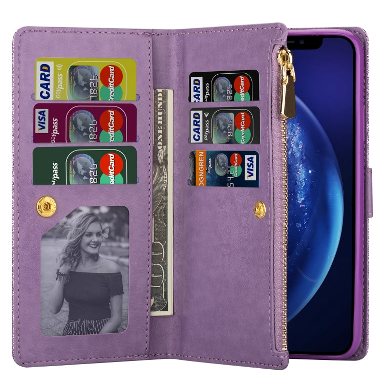 For iPhone SE 2022 / SE 2020 / 8 / 7 Multi-card Slots Starry Sky Laser Carving Glitter Zipper Horizontal Flip Leather Case with Holder & Wallet & Lanyard(Purple) - iPhone SE 2022 / 2020 / 8 / 7 Cases by buy2fix | Online Shopping UK | buy2fix
