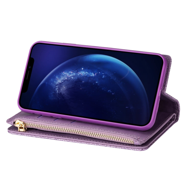 For iPhone SE 2022 / SE 2020 / 8 / 7 Multi-card Slots Starry Sky Laser Carving Glitter Zipper Horizontal Flip Leather Case with Holder & Wallet & Lanyard(Purple) - iPhone SE 2022 / 2020 / 8 / 7 Cases by buy2fix | Online Shopping UK | buy2fix