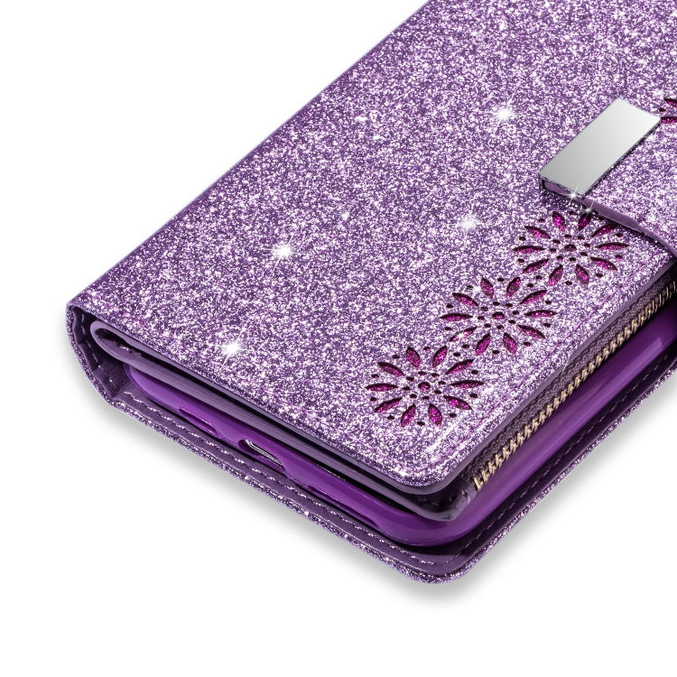 For iPhone SE 2022 / SE 2020 / 8 / 7 Multi-card Slots Starry Sky Laser Carving Glitter Zipper Horizontal Flip Leather Case with Holder & Wallet & Lanyard(Purple) - iPhone SE 2022 / 2020 / 8 / 7 Cases by buy2fix | Online Shopping UK | buy2fix