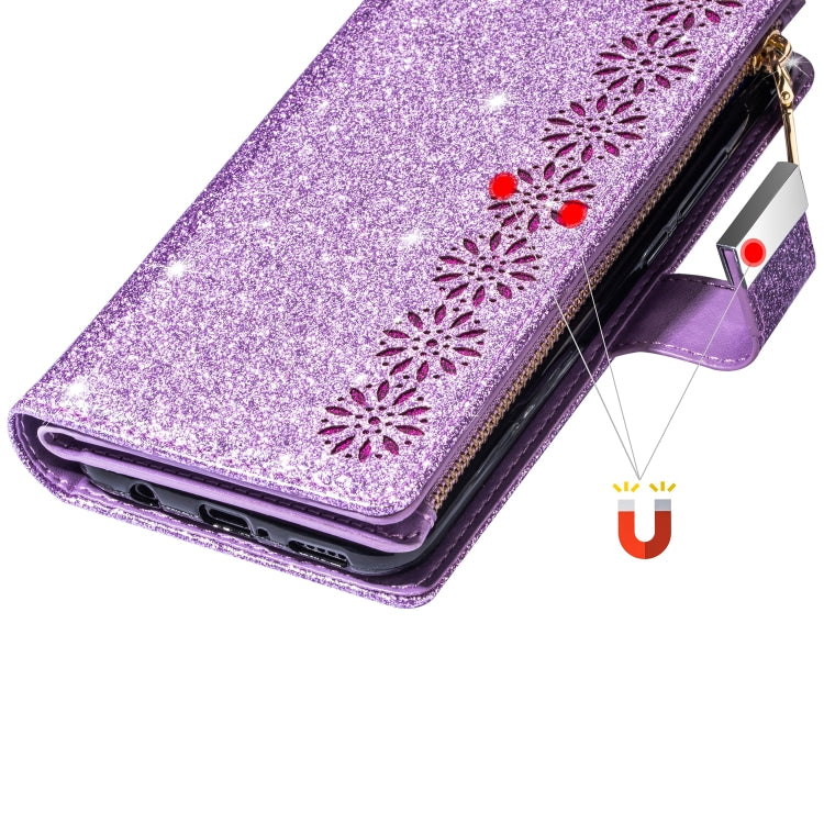 For iPhone SE 2022 / SE 2020 / 8 / 7 Multi-card Slots Starry Sky Laser Carving Glitter Zipper Horizontal Flip Leather Case with Holder & Wallet & Lanyard(Purple) - iPhone SE 2022 / 2020 / 8 / 7 Cases by buy2fix | Online Shopping UK | buy2fix
