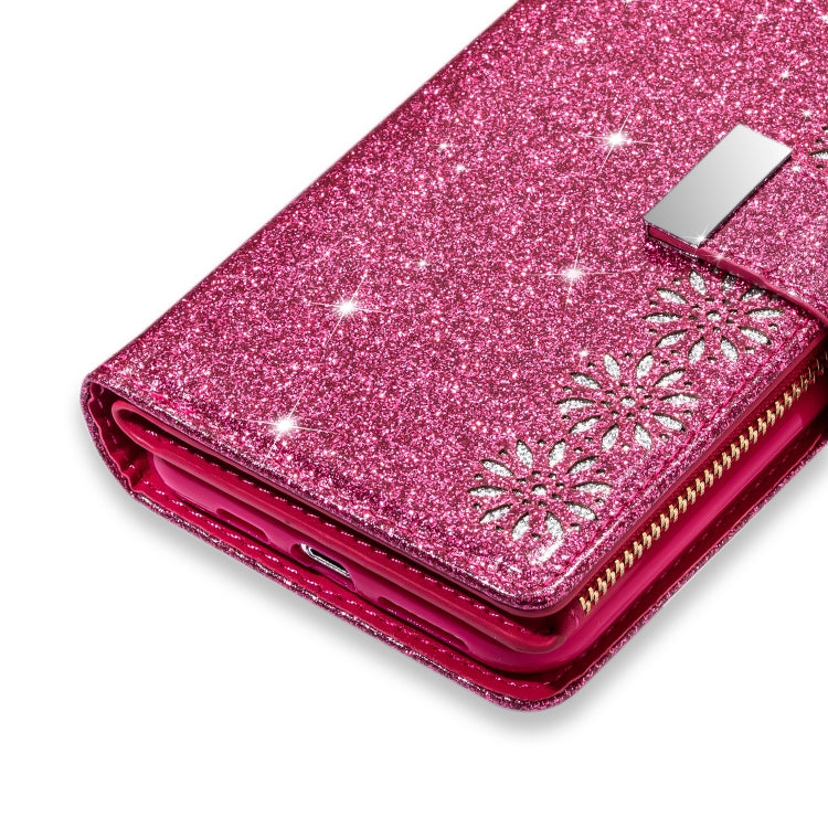 For iPhone SE 2022 / SE 2020 / 8 / 7 Multi-card Slots Starry Sky Laser Carving Glitter Zipper Horizontal Flip Leather Case with Holder & Wallet & Lanyard(Rose Red) - iPhone SE 2022 / 2020 / 8 / 7 Cases by buy2fix | Online Shopping UK | buy2fix