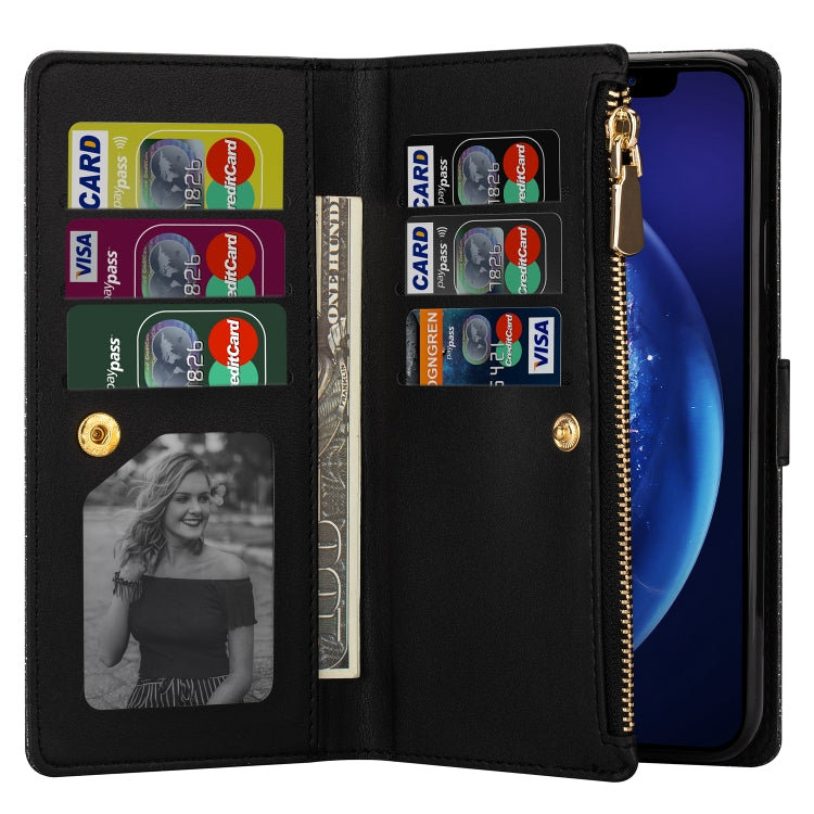 For iPhone SE 2022 / SE 2020 / 8 / 7 Multi-card Slots Starry Sky Laser Carving Glitter Zipper Horizontal Flip Leather Case with Holder & Wallet & Lanyard(Black) - iPhone SE 2022 / 2020 / 8 / 7 Cases by buy2fix | Online Shopping UK | buy2fix