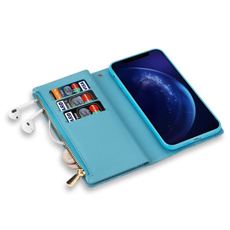 For iPhone 6 Plus / 6s Plus Multi-card Slots Starry Sky Laser Carving Glitter Zipper Horizontal Flip Leather Case with Holder & Wallet & Lanyard(Sky Blue) - More iPhone Cases by buy2fix | Online Shopping UK | buy2fix
