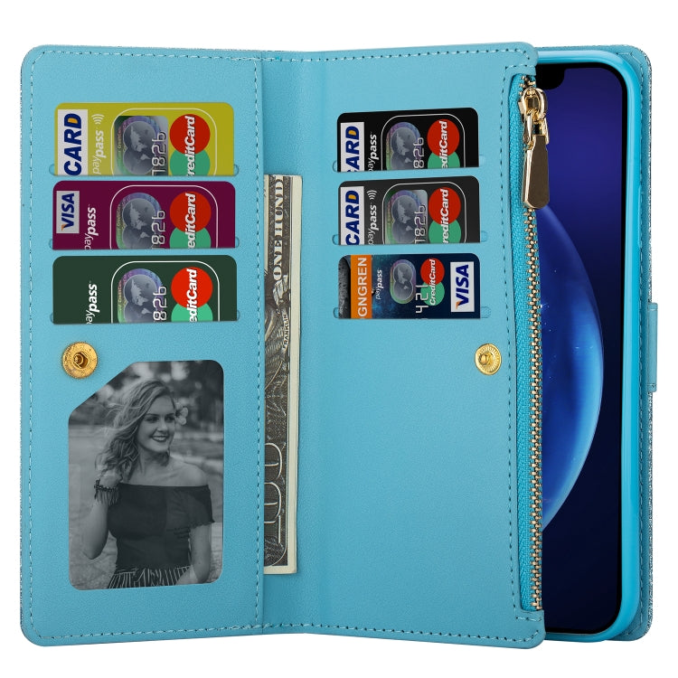 For iPhone 6 Plus / 6s Plus Multi-card Slots Starry Sky Laser Carving Glitter Zipper Horizontal Flip Leather Case with Holder & Wallet & Lanyard(Sky Blue) - More iPhone Cases by buy2fix | Online Shopping UK | buy2fix