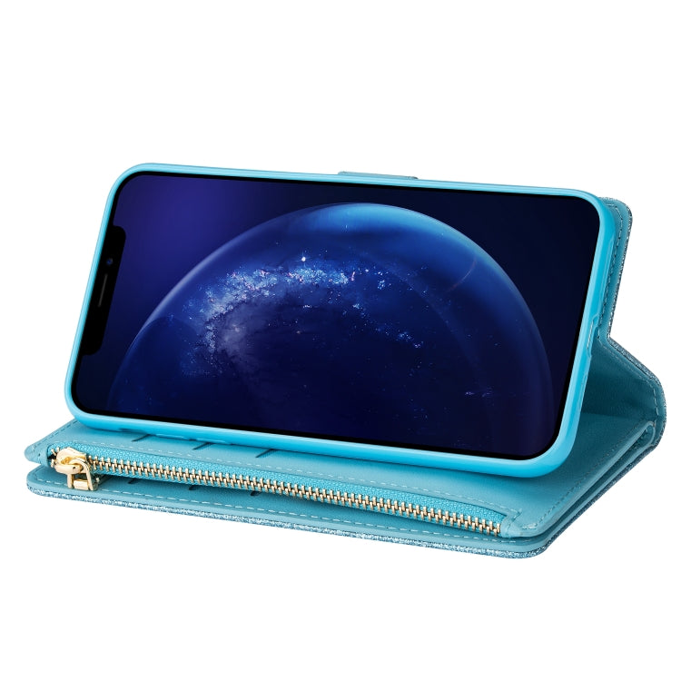 For iPhone 6 Plus / 6s Plus Multi-card Slots Starry Sky Laser Carving Glitter Zipper Horizontal Flip Leather Case with Holder & Wallet & Lanyard(Sky Blue) - More iPhone Cases by buy2fix | Online Shopping UK | buy2fix