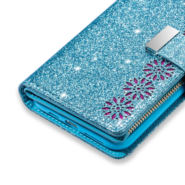 For iPhone 6 Plus / 6s Plus Multi-card Slots Starry Sky Laser Carving Glitter Zipper Horizontal Flip Leather Case with Holder & Wallet & Lanyard(Sky Blue) - More iPhone Cases by buy2fix | Online Shopping UK | buy2fix