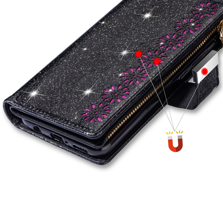 For iPhone 6 Plus / 6s Plus Multi-card Slots Starry Sky Laser Carving Glitter Zipper Horizontal Flip Leather Case with Holder & Wallet & Lanyard(Black) - More iPhone Cases by buy2fix | Online Shopping UK | buy2fix