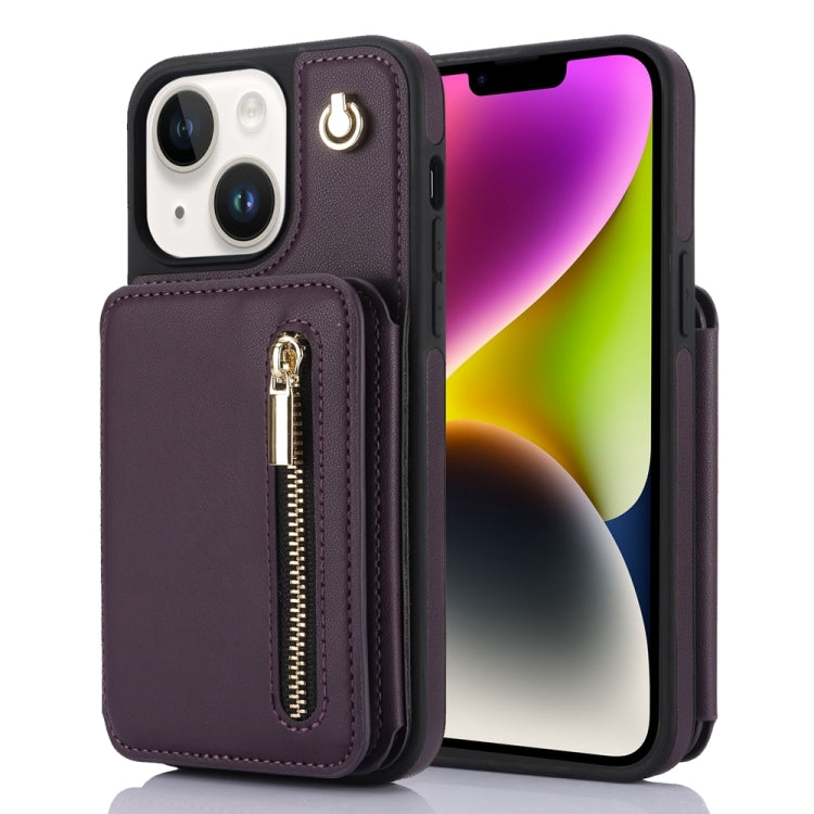For iPhone 14 Plus YM006 Skin Feel Zipper Card Bag Phone Case with Dual Lanyard(Dark Purple) - iPhone 14 Plus Cases by buy2fix | Online Shopping UK | buy2fix