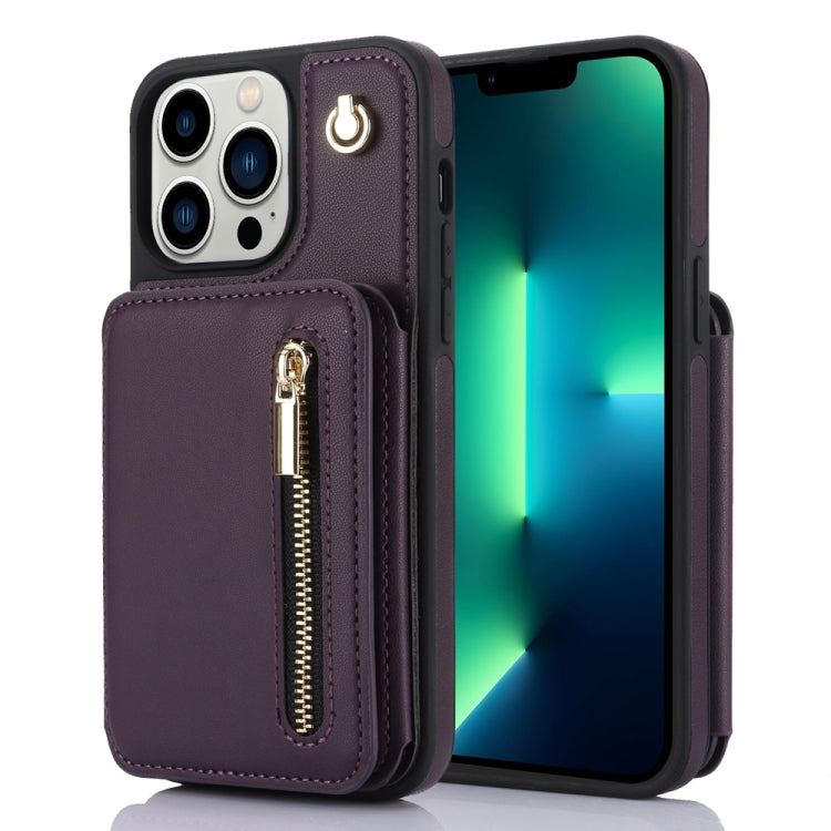 For iPhone 13 Pro Max YM006 Skin Feel Zipper Card Bag Phone Case with Dual Lanyard(Dark Purple) - iPhone 13 Pro Max Cases by buy2fix | Online Shopping UK | buy2fix