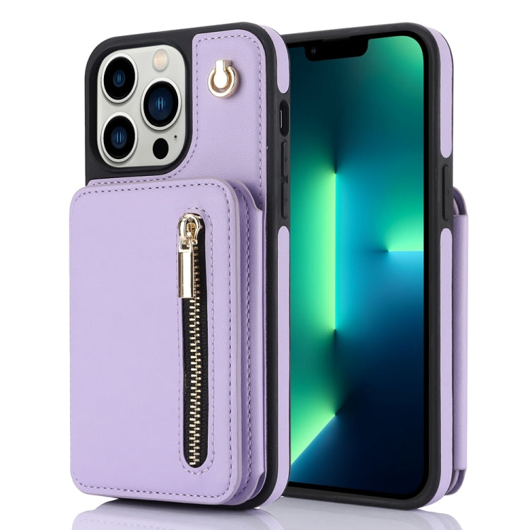 For iPhone 13 Pro Max YM006 Skin Feel Zipper Card Bag Phone Case with Dual Lanyard(Light Purple) - iPhone 13 Pro Max Cases by buy2fix | Online Shopping UK | buy2fix