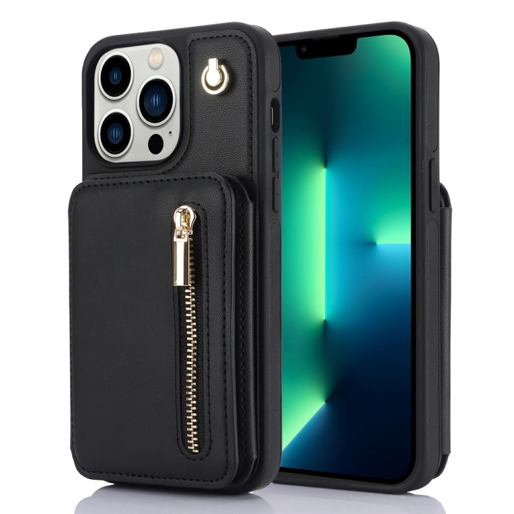 For iPhone 13 Pro YM006 Skin Feel Zipper Card Bag Phone Case with Dual Lanyard(Black) - iPhone 13 Pro Cases by buy2fix | Online Shopping UK | buy2fix