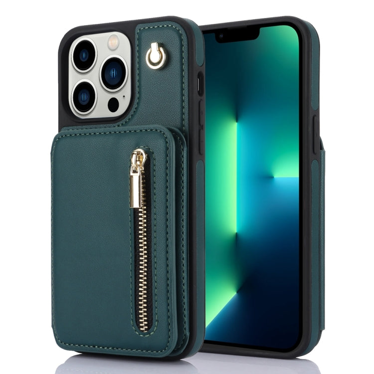 For iPhone 13 Pro YM006 Skin Feel Zipper Card Bag Phone Case with Dual Lanyard(Green) - iPhone 13 Pro Cases by buy2fix | Online Shopping UK | buy2fix