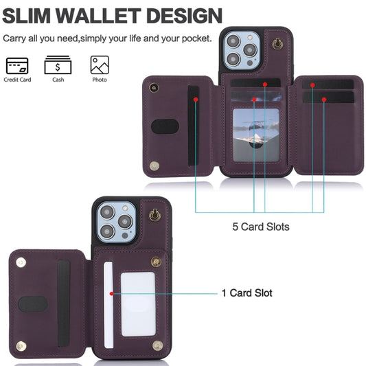 For iPhone 13 YM006 Skin Feel Zipper Card Bag Phone Case with Dual Lanyard(Dark Purple) - iPhone 13 Cases by buy2fix | Online Shopping UK | buy2fix