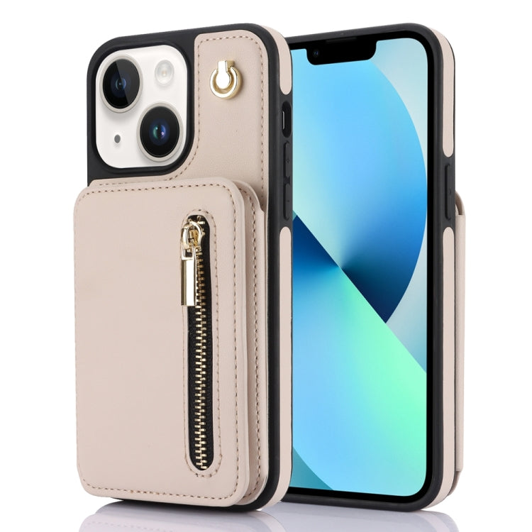 For iPhone 13 YM006 Skin Feel Zipper Card Bag Phone Case with Dual Lanyard(Apricot) - iPhone 13 Cases by buy2fix | Online Shopping UK | buy2fix