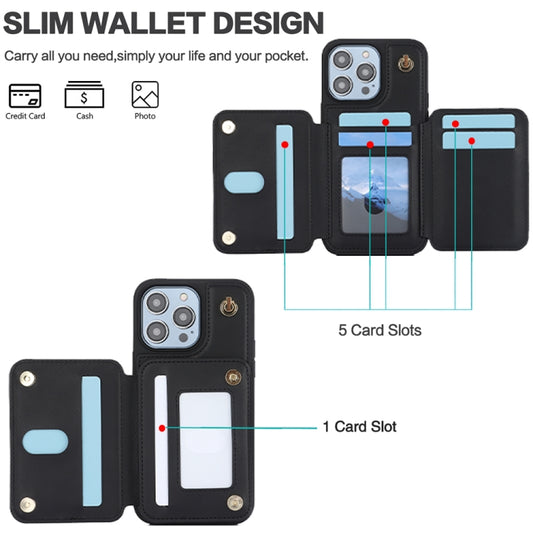 For iPhone 13 YM006 Skin Feel Zipper Card Bag Phone Case with Dual Lanyard(Black) - iPhone 13 Cases by buy2fix | Online Shopping UK | buy2fix